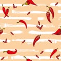 Vector seamless pattern with chili peppers food and vegetables on a grunge stripes with whitel brush strokes Royalty Free Stock Photo